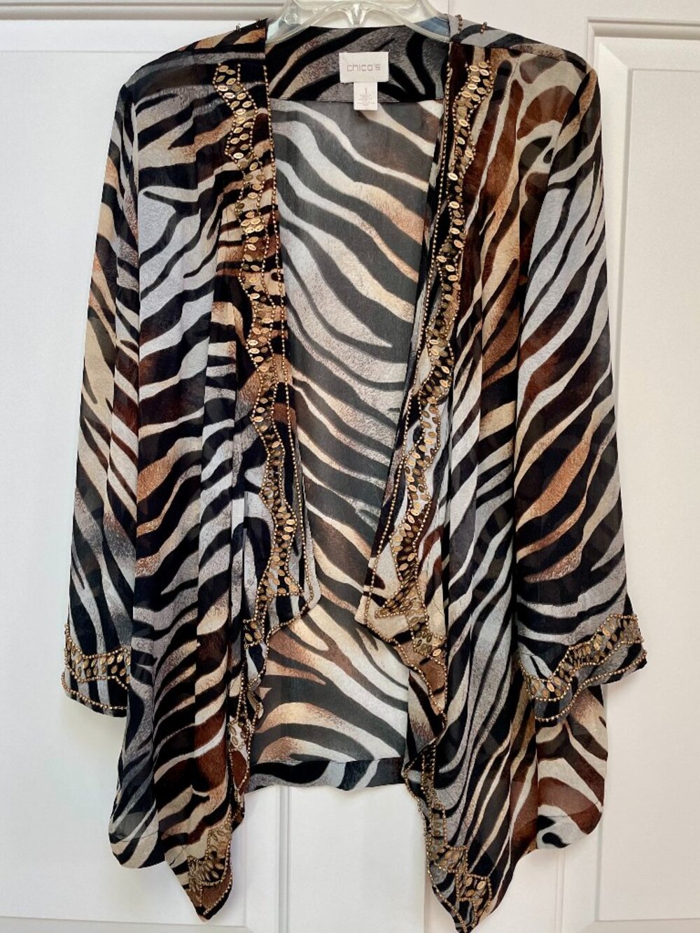 Chico's Sheer Animal Mixed Print Open Front Kimono Cardigan Beaded Embellished